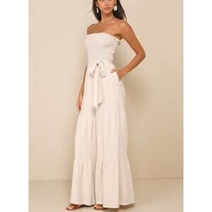Lulu's NEW Effective Charm Beige Linen Strapless Jumpsuit Large Boho neutrals